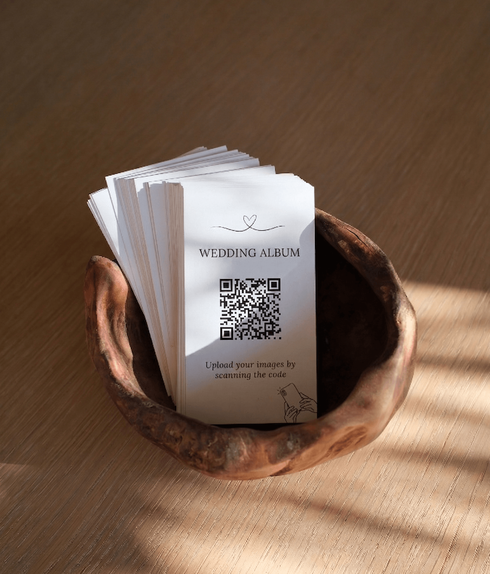Wedding table with QR cards in a wooden box